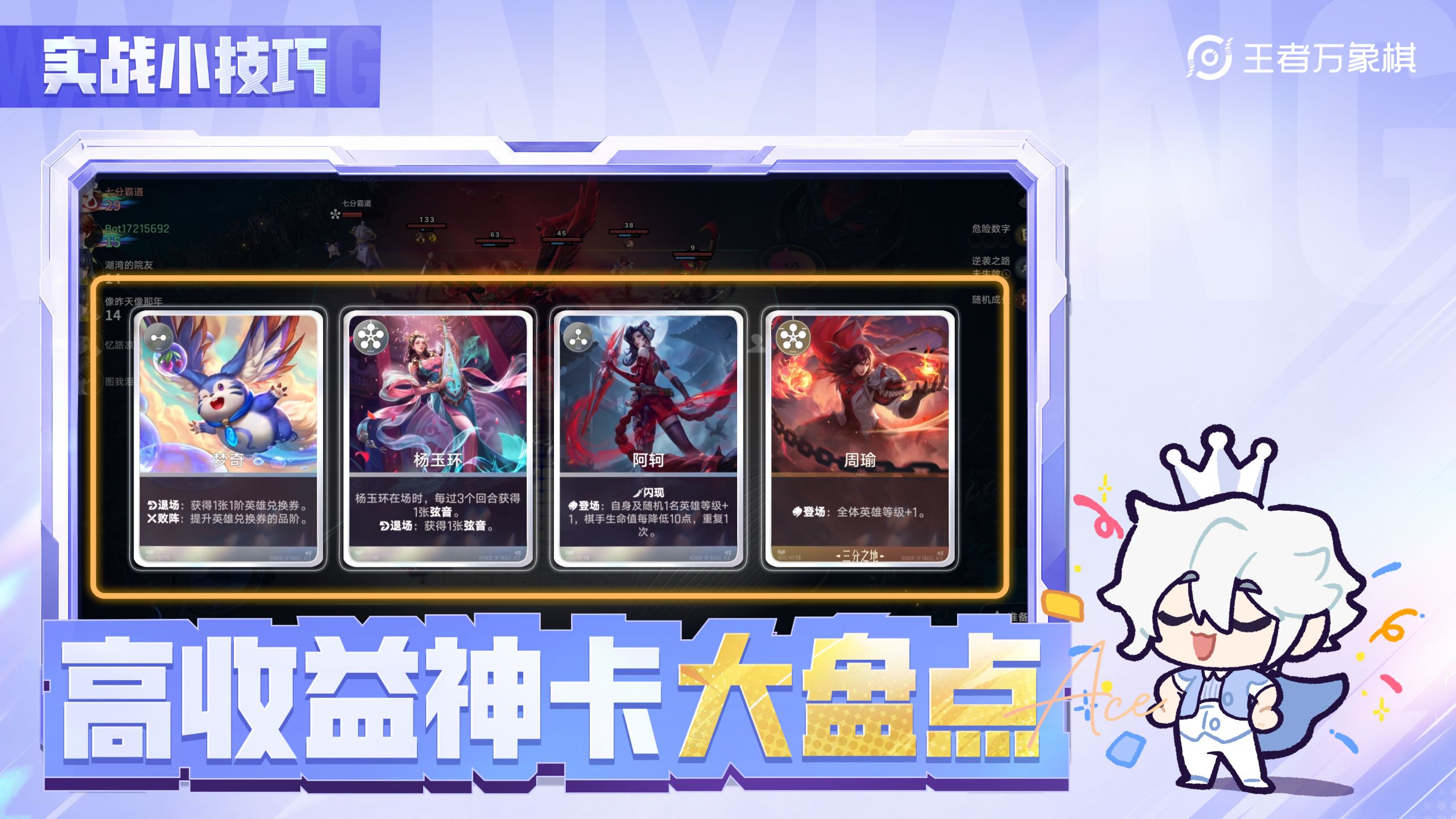 官方实战小技巧封面：高收益神卡大盘点，画面圈出梦奇、杨玉环、阿轲、周瑜四张英雄卡及其效果文字